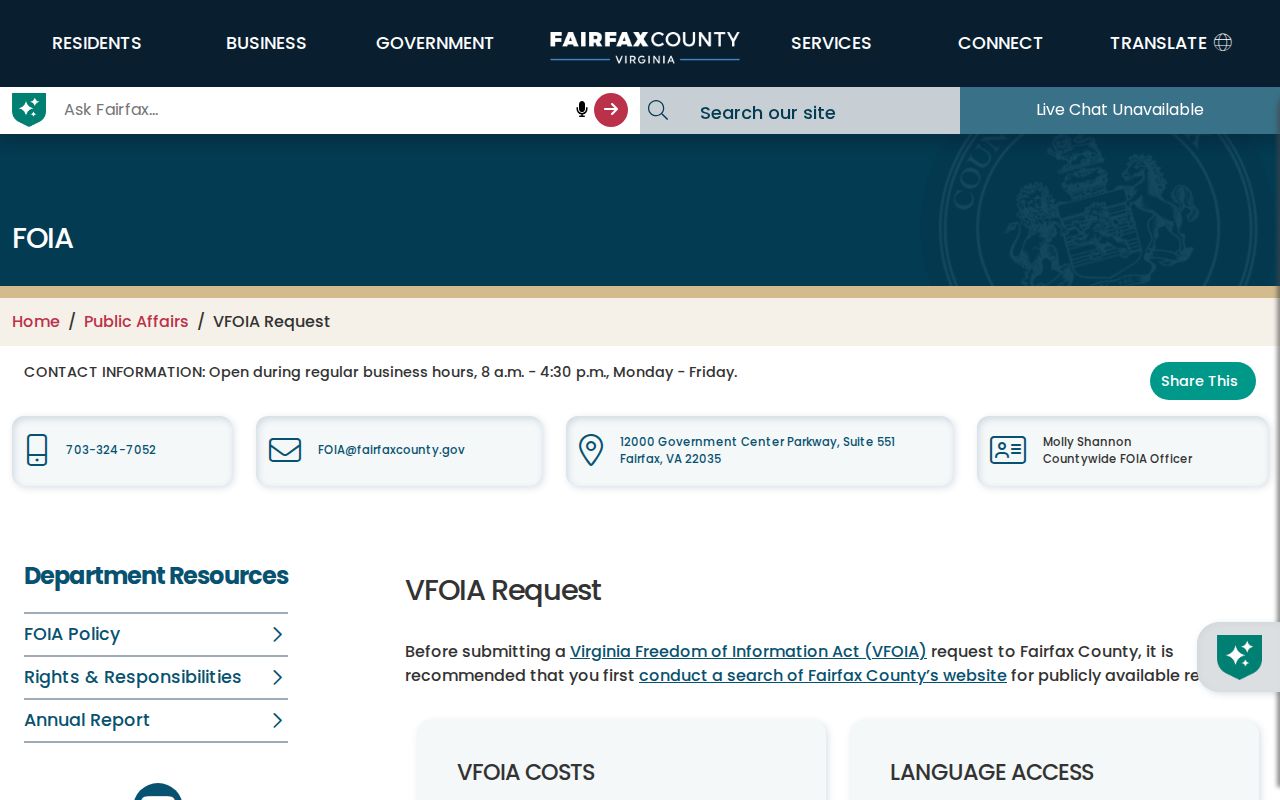 West Falls Church residents directory Fairfax County FOIA request form