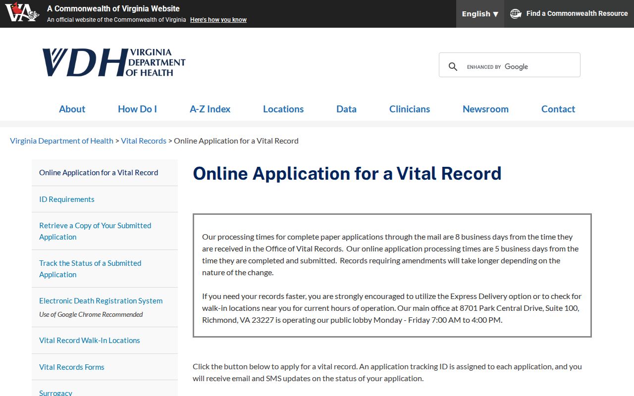 West Falls Church residents directory Virginia vital records application page