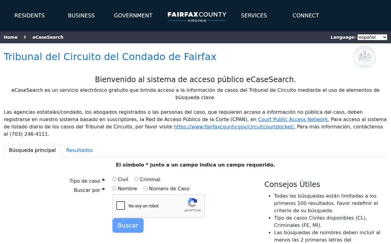 West Falls Church residents directory Fairfax eCaseSearch required fields