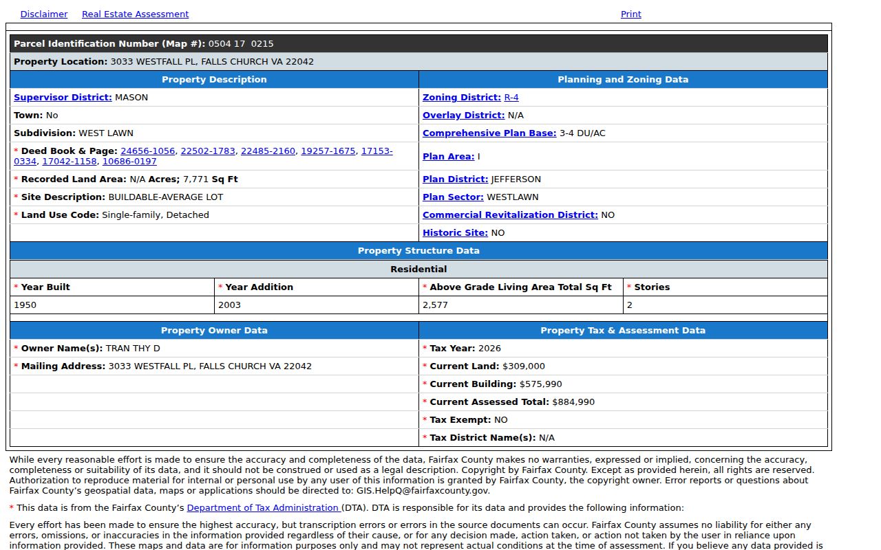 West Falls Church neighbors Fairfax General Parcel Report with parcel and deed fields