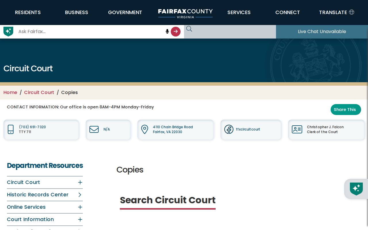West Falls Church street directory Fairfax Circuit Court certified copy requirements