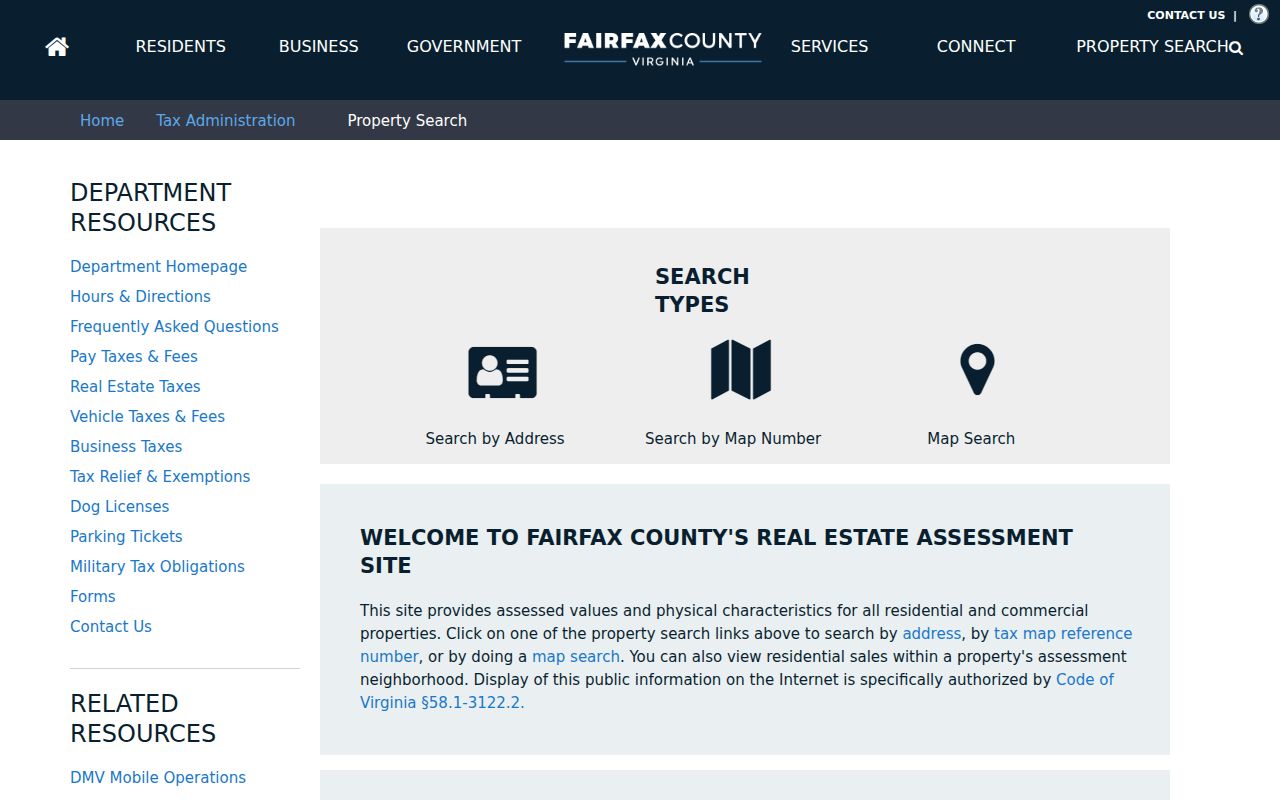 West Falls Church street directory Fairfax iCare property search screen