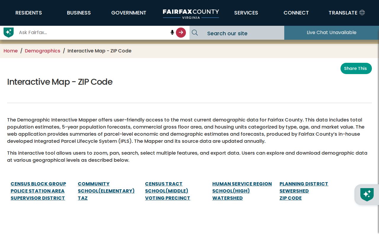 West Falls Church ZIP lookup screen for the Fairfax ZIP demographic mapper